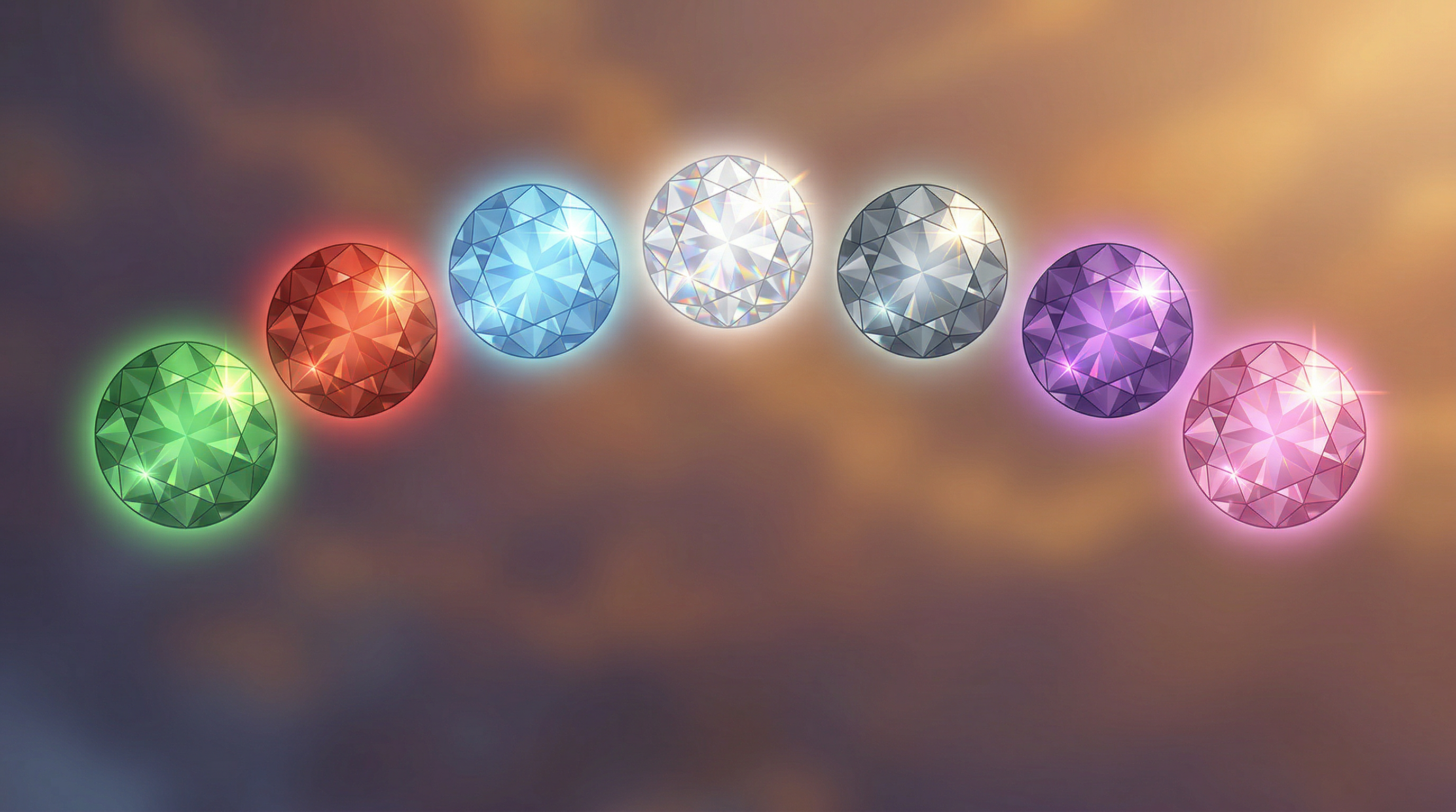 Seven glowing elemental crystals floating above an ancient stone altar inscribed with runes
