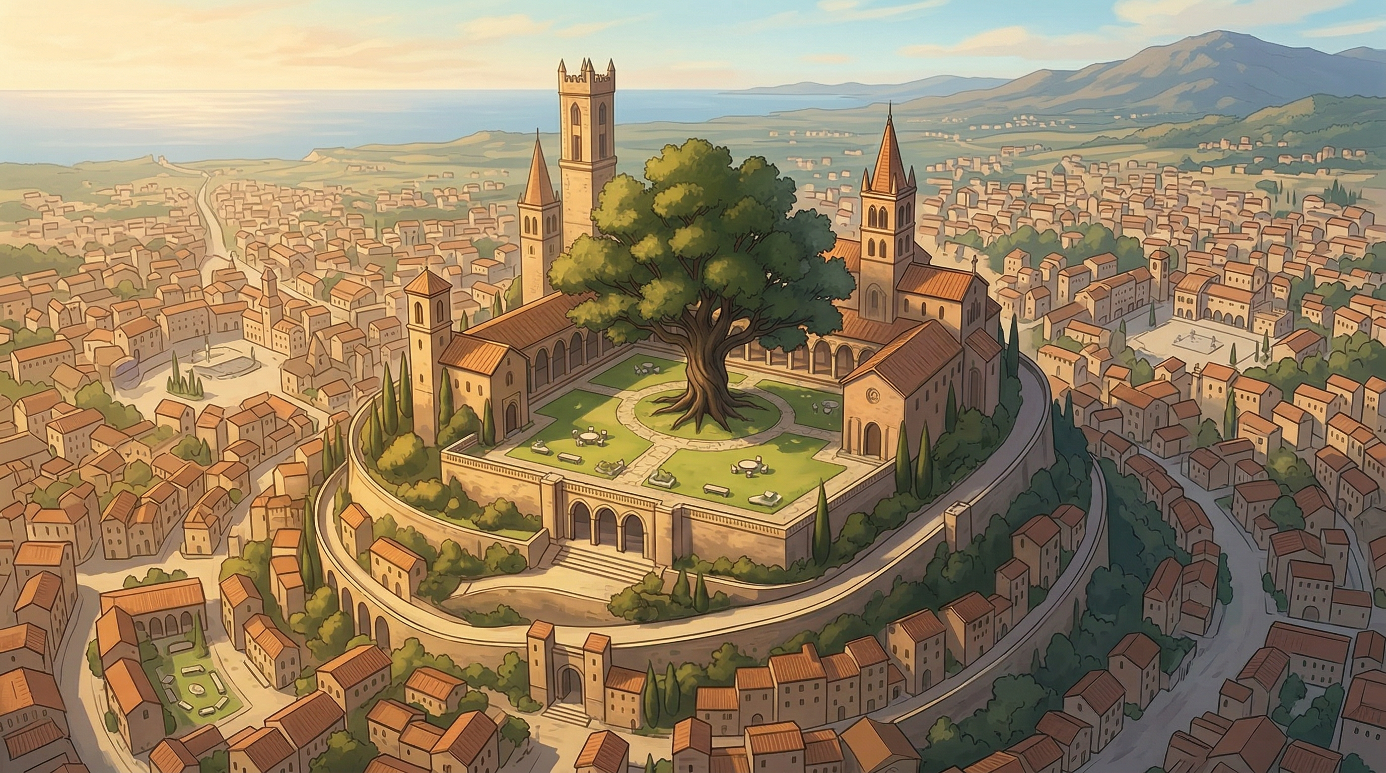 A sunlit coastal city with a grand academy on a hilltop, an ancient tree in the courtyard, and three young figures overlooking the ocean at golden hour